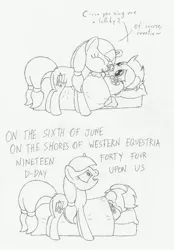 Size: 1600x2300 | Tagged: safe, derpibooru import, oc, oc:silvertip, oc:sweet dreams, earth pony, pony, unicorn, adult foal, bed, cute, image, jpeg, monochrome, pacifier, plushie, sabaton, song reference