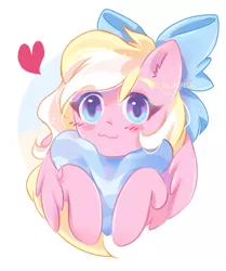 Size: 893x1066 | Tagged: safe, artist:finlywhisk, derpibooru import, oc, oc:bay breeze, unofficial characters only, pegasus, pony, blushing, bow, cute, female, hair bow, heart, heart pillow, image, looking at you, mare, ocbetes, pillow, png, simple background, white background