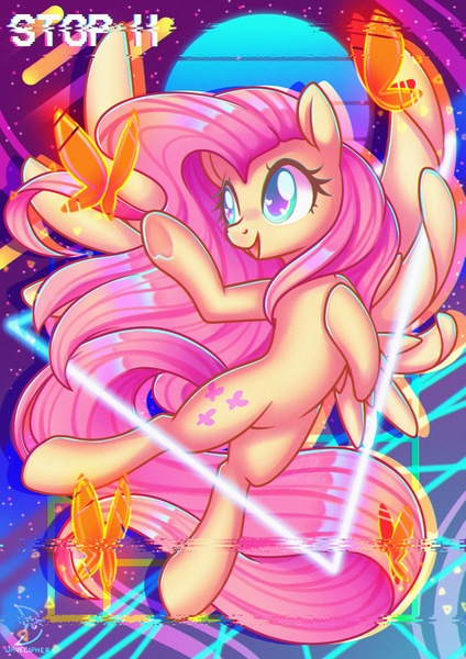 Size: 2480x3508 | Tagged: safe, artist:musicfirewind, derpibooru import, fluttershy, butterfly, insect, pegasus, pony, flowing mane, image, jpeg, pause, static