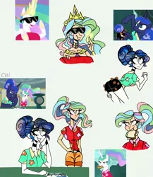 Size: 2857x3288 | Tagged: safe, artist:citi, derpibooru import, screencap, princess celestia, princess luna, human, between dark and dawn, alternate hairstyle, eyeshadow, humanized, image, jpeg, makeup, ponytail, scene interpretation, screencap reference, starry hair, sunglasses