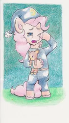 Size: 936x1659 | Tagged: safe, artist:lost marbles, derpibooru import, pinkie pie, earth pony, pony, clothes, female, hat, image, jpeg, nightcap, one eye closed, open mouth, pajamas, rubbing eyes, sleepy, solo, solo female, teary eyes, teddy bear, traditional art, yawn