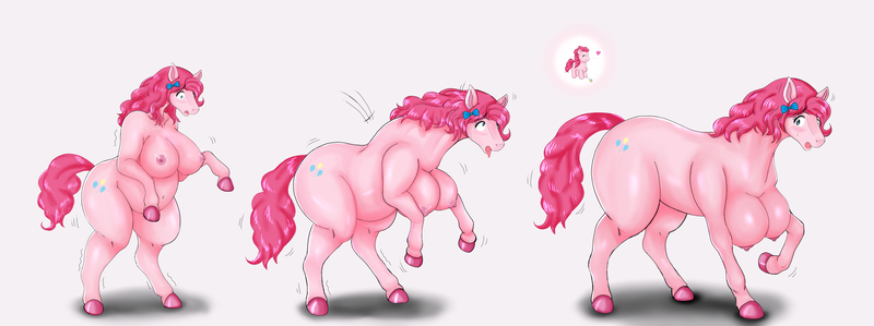 Size: 7500x2800 | Tagged: questionable, artist:esotericer, banned from derpibooru, deleted from derpibooru, derpibooru import, pinkie pie, anthro, earth pony, pony, unguligrade anthro, absurd resolution, anthro to pony, arm hooves, belly, belly button, big belly, big breasts, blushing, bow, breasts, busty pinkie pie, chestbreasts, chubby, commission, eyes closed, fat, female, floating heart, grin, hair bow, heart, huge breasts, human to pony, image, jpeg, magic wand, mare, misplaced boobs, nipples, nudity, open mouth, pudgy pie, raised hoof, self ponidox, sequence, simple background, smiling, surprised, sweat, sweatdrops, tiny, tiny ponies, tongue out, transformation, transformation sequence, trembling, white background