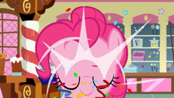 Size: 1280x720 | Tagged: safe, artist:blackgryph0n, derpibooru import, pinkie pie, earth pony, pony, animated, blinking, camera abuse, confetti, female, food, fourth wall destruction, giggling, image, inkwell, looking at you, one eye closed, pea, quill, smiling, solo, sugarcube corner, twilightlicious, webm, wink, youtube link