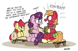 Size: 2700x1758 | Tagged: safe, artist:bobthedalek, derpibooru import, apple bloom, big macintosh, sugar belle, earth pony, pony, unicorn, brotherhooves social, cider, couch, embarrassed, female, filly, image, jpeg, male, mare, open mouth, panicking, shipping, stallion, straight, sugarmac, tankard