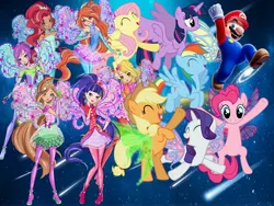 Size: 4000x3000 | Tagged: safe, artist:aaliyah_rosado, artist:estories, artist:luckreza8, artist:tardifice, artist:user15432, derpibooru import, applejack, fluttershy, pinkie pie, rainbow dash, rarity, twilight sparkle, twilight sparkle (alicorn), alicorn, earth pony, fairy, fairy pony, human, original species, pegasus, pony, unicorn, aisha, barely pony related, bloom (winx club), colored wings, comet, cosmix, crossover, crossover shipping, eyes closed, fairy wings, fairyized, female, flora (winx club), flying, galaxy, gradient wings, green wings, image, jpeg, layla, male, mane six, maridash, mario, mariopie, marioshy, moon, musa, pink wings, shipping, shooting star, space, sparkly wings, spiral, spiral galaxy, starry sky, stars, stella (winx club), straight, super mario bros., super mario galaxy, tecna, wings, winx, winx club