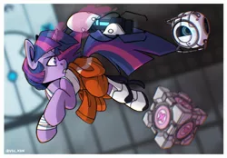 Size: 2048x1423 | Tagged: safe, artist:lrusu, derpibooru import, twilight sparkle, pony, unicorn, companion cube, crossover, image, jpeg, portal, portal (valve), portal 2, portal gun, roboto, wheatley