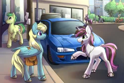 Size: 1280x854 | Tagged: safe, artist:its-gloomy, artist:jedayskayvoker, derpibooru import, oc, oc:rosy stripes, unofficial characters only, earth pony, pony, unicorn, fanfic art, image, jpeg, subaru, subaru impreza