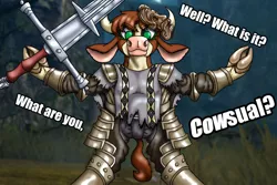 Size: 1280x854 | Tagged: safe, artist:korencz11, derpibooru import, arizona cow, them's fightin' herds, armor, arms spread out, bipedal, casual, community related, crossover, dark souls, giantdad, giants, image, jpeg, looking at you, mask, meme, pun, solo, sword, text, underhoof, weapon, zweihander