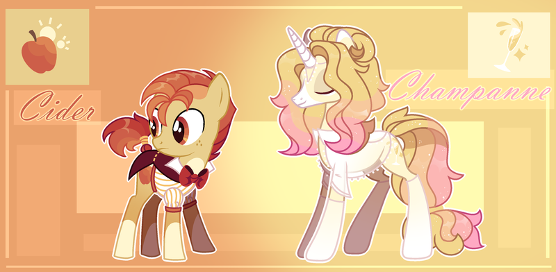 Size: 3218x1577 | Tagged: safe, artist:beautifulspaceshow, derpibooru import, oc, oc:golden champagne, oc:golden cider (ice1517), unofficial characters only, earth pony, pony, unicorn, bowtie, brother and sister, clothes, coat, eyes closed, female, freckles, image, male, mare, markings, multicolored hair, png, shirt, siblings, socks, stallion, stockings, thigh highs