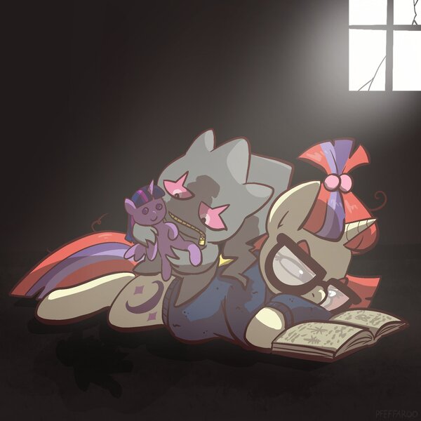 Size: 2048x2048 | Tagged: safe, artist:pfeffaroo, derpibooru import, moondancer, banette, pony, unicorn, book, clothes, duo, female, frown, glasses, grudge, high res, holding, image, indoors, jpeg, looking at something, lying down, mare, moondancer's sweater, plushie, pokémon, prone, reading, sweater, twilight sparkle plushie, window