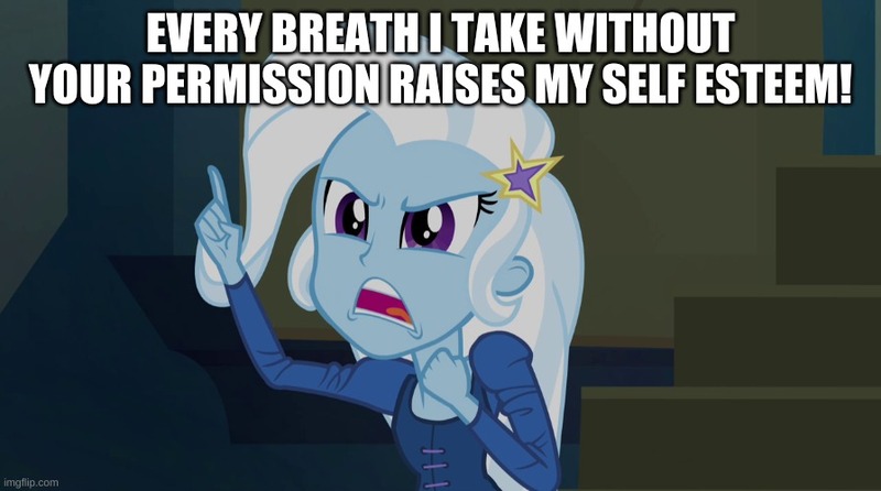 Size: 896x500 | Tagged: safe, derpibooru import, edit, edited screencap, screencap, trixie, equestria girls, rainbow rocks, caption, image, image macro, jpeg, meme, rick and morty, solo, text, trixie yells at everything