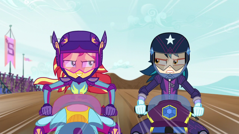 Size: 1920x1080 | Tagged: safe, banned from derpibooru, deleted from derpibooru, derpibooru import, screencap, indigo zap, sunset shimmer, equestria girls, friendship games, image, motorcross, motorcycle, png