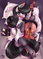Size: 2690x3669 | Tagged: suggestive, artist:nevobaster, derpibooru import, octavia melody, earth pony, pony, bedroom eyes, black underwear, blushing, bow string, bowtie, cello, clothes, eyeshadow, female, image, lingerie, looking at you, lying down, lying on pillows, makeup, mare, mascara, mobile phone, mouth hold, musical instrument, panties, panties around leg, panties around legs, panties pulled down, phone, pillow, png, purse, ribbon, seductive, seductive pose, smartphone, socks, solo, solo female, stockings, thigh highs, underwear