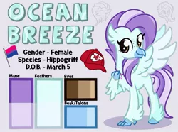 Size: 1037x771 | Tagged: safe, artist:redpalette, derpibooru import, oc, oc:ocean breeze, classical hippogriff, hippogriff, baseball cap, bisexual pride flag, cap, claws, clothes, color palette, hat, hippogriff oc, image, jewelry, jpeg, kansas city chiefs, pride, pride flag, ref, reference sheet, spread wings, wings