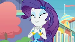 Size: 3410x1920 | Tagged: safe, derpibooru import, screencap, rarity, equestria girls, equestria girls series, rollercoaster of friendship, ^^, bracelet, clothes, cute, cutie mark, cutie mark on clothes, daaaaaaaaaaaw, equestria land, eyes closed, female, hairpin, hnnng, image, jewelry, jpeg, raribetes, rarity peplum dress, smiling, solo