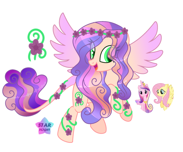 Size: 2022x1674 | Tagged: safe, artist:starflightsparkleyt, derpibooru import, fluttershy, princess cadance, oc, pegasus, pony, floral head wreath, flower, image, magical lesbian spawn, offspring, parent:fluttershy, parent:princess cadance, parents:flutterdance, png