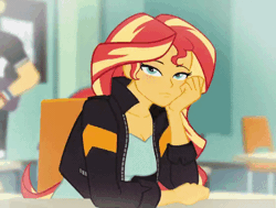 Size: 560x424 | Tagged: safe, artist:nairdags, derpibooru import, sunset shimmer, equestria girls, adorasexy, animated, bedroom eyes, blinking, blushing, blushing profusely, breasts, caught, cleavage, cute, embarrassed, female, gif, hand on face, image, lidded eyes, looking at you, looking away, sexy, shimmerbetes, sitting, solo, stupid sexy sunset shimmer, tsundere, tsunset shimmer