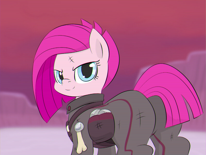 Size: 1280x960 | Tagged: safe, artist:dendollae, derpibooru import, pinkie pie, earth pony, pony, alternate timeline, apinkalypse pie, butt, clothes, crystal war timeline, female, image, jpeg, looking at you, looking back, looking back at you, mare, pinkamena diane pie, plot, smiling, soldier, synthwave, uniform, vhs