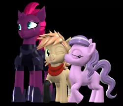 Size: 3500x3000 | Tagged: safe, artist:argos90, derpibooru import, diamond tiara, tempest shadow, oc, oc:himmel, earth pony, pony, unicorn, 3d, broken horn, colt, female, filly, high res, horn, image, kiss on the cheek, kissing, male, mare, png