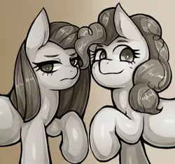 Size: 1640x1543 | Tagged: safe, artist:kyouman1010, derpibooru import, pinkie pie, earth pony, pony, female, frown, grayscale, image, jpeg, lidded eyes, mare, monochrome, pinkamena diane pie, self paradox, smiling