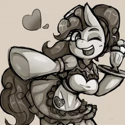 Size: 1543x1543 | Tagged: safe, artist:kyouman1010, derpibooru import, pinkie pie, anthro, earth pony, arm hooves, breasts, busty pinkie pie, clothes, cup, dress, female, grayscale, heart, hoof hold, image, jpeg, monochrome, one eye closed, open mouth, platter, smiling, solo, wink