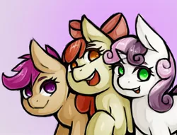 Size: 1833x1399 | Tagged: safe, artist:kyouman1010, derpibooru import, apple bloom, scootaloo, sweetie belle, earth pony, pegasus, pony, unicorn, apple bloom's bow, bow, cutie mark crusaders, female, filly, hair bow, image, jpeg, looking at you, open mouth, smiling