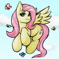 Size: 1543x1543 | Tagged: safe, artist:kyouman1010, derpibooru import, fluttershy, butterfly, insect, pegasus, pony, female, image, jpeg, mare, smiling, solo