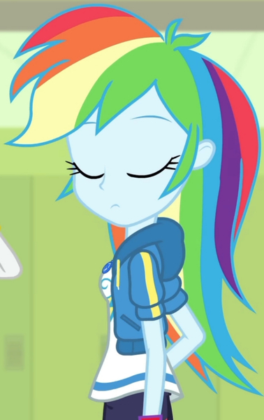 Size: 1920x3048 | Tagged: safe, derpibooru import, screencap, rainbow dash, rarity, a queen of clubs, equestria girls, equestria girls series, clothes, cropped, cutie mark, cutie mark on clothes, eyes closed, female, geode of super speed, hallway, high res, hoodie, image, jewelry, jpeg, lockers, magical geodes, necklace, side view, solo focus