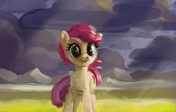 Size: 2172x1378 | Tagged: safe, anonymous artist, derpibooru import, roseluck, earth pony, pony, cloud, cloudy, cute, female, field, image, jpeg, mare, painterly, rosabetes, scenery, smiling, solo, standing