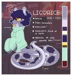 Size: 1800x1900 | Tagged: safe, artist:liefsong, derpibooru import, oc, oc:licorice, lamia, original species, snake, snake pony, :p, braid, clothes, glasses, image, png, reference sheet, sweater, tongue out, unshorn fetlocks