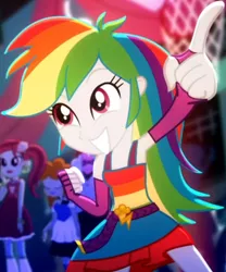 Size: 1920x2311 | Tagged: safe, derpibooru import, screencap, rainbow dash, eqg summertime shorts, equestria girls, raise this roof, armpits, belt, clothes, cropped, cute, cutie mark, cutie mark on clothes, dashabetes, fall formal outfits, female, fingerless gloves, gloves, image, jpeg, sleeveless, smiling, solo focus