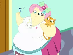 Size: 1920x1440 | Tagged: safe, artist:neongothic, derpibooru import, angel bunny, fluttershy, bird, blue jay, cat, human, rabbit, equestria girls, adorafatty, animal, bbw, belly, big belly, bow, breasts, busty fluttershy, butterfly hairpin, chubby cheeks, cute, double chin, fat, fat boobs, fat fetish, fattershy, female, fetish, hair bow, image, morbidly obese, obese, png, singing, sleeping, smiling, solo, ssbbw, weight gain
