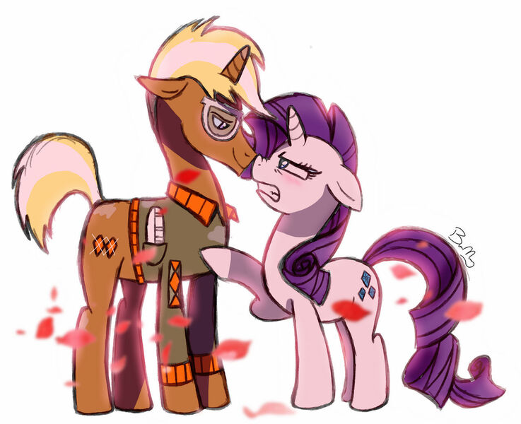 Size: 1280x1042 | Tagged: safe, artist:bearmation, artist:heavysplatter, deleted from derpibooru, derpibooru import, rarity, trenderhoof, pony, unicorn, angry, boop, clothes, duo, eye contact, female, glasses, image, jpeg, looking at each other, male, mare, noseboop, shipping, simple background, smiling, smirk, song in the description, stallion, straight, trenderity, white background