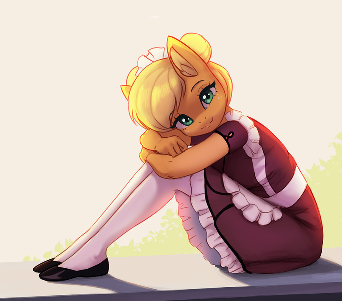 Size: 1500x1320 | Tagged: safe, artist:mrscroup, derpibooru import, applejack, anthro, earth pony, clothes, cute, image, jackabetes, jpeg, looking at you, maid, maidjack, sitting, smiling, socks, solo, thigh highs