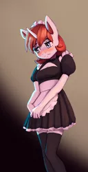 Size: 1000x1946 | Tagged: safe, artist:mrscroup, derpibooru import, oc, oc:flake, unofficial characters only, anthro, unicorn, anthro oc, blushing, clothes, horn, image, jpeg, maid, solo, unicorn oc