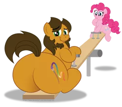 Size: 1280x1134 | Tagged: safe, artist:aleximusprime, derpibooru import, pinkie pie, oc, oc:alex the chubby pony, earth pony, pony, butt, chubby, commission, facial hair, fat, image, large butt, plot, png, seesaw, simple background, transparent background