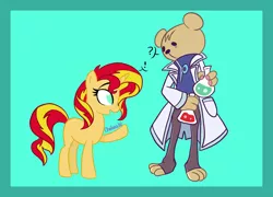 Size: 2600x1876 | Tagged: safe, artist:chelseawest, derpibooru import, sunset shimmer, bear, clothes, colored background, crossover, flask, image, lab coat, png, puyo puyo, question mark, risukuma