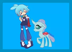 Size: 2600x1876 | Tagged: safe, artist:chelseawest, derpibooru import, ocellus, changedling, changeling, blushing, blush sticker, colored background, crossover, heterochromia, image, png, puyo puyo, sig
