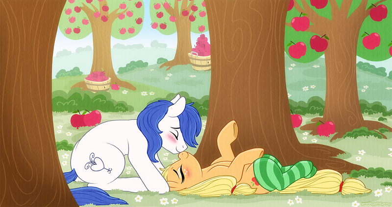 Size: 1485x785 | Tagged: safe, artist:prettypinkpony, derpibooru import, applejack, oc, oc:constance everheart, earth pony, pony, apple, apple orchard, apple tree, blushing, boop, bucket, canon x oc, clothes, commission, duo, everjack, eyes closed, female, food, image, lying down, male, noseboop, orchard, png, shipping, socks, straight, tree