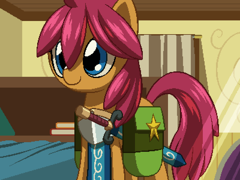 Size: 800x600 | Tagged: safe, artist:rangelost, derpibooru import, oc, oc:trailblazer, unofficial characters only, earth pony, pony, cyoa:d20 pony, armor, bag, bed, bedroom, book, curtain, female, image, indoors, mare, png, saddle bag, solo, sword, weapon