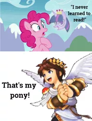 Size: 735x968 | Tagged: safe, derpibooru import, screencap, pinkie pie, twilight sparkle, twilight sparkle (alicorn), alicorn, earth pony, pony, the maud couple, angel, crossover, crown, floating head, hallucination, i never learned to read, image, jewelry, jpeg, kid icarus, kid icarus: uprising, meme, pit (kid icarus), regalia, text, that's my pony, that's my x