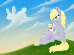 Size: 2048x1525 | Tagged: safe, artist:karzii, derpibooru import, derpy hooves, dinky hooves, pegasus, pony, unicorn, cloud, duo, equestria's best daughter, equestria's best mother, female, filly, grass, hill, image, jpeg, lidded eyes, looking at each other, mare, profile, signature, sitting, sky