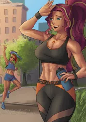 Size: 2481x3508 | Tagged: safe, artist:nire, derpibooru import, rainbow dash, sunset shimmer, equestria girls, breasts, busty sunset shimmer, canterlot city, clothes, cutie mark, cutie mark on clothes, geode of empathy, geode of super speed, grass, image, jogging, leggings, magical geodes, park, png, ponytail, short shirt, shorts, sports bra, sportswear, sweat, tree, water bottle, wristband