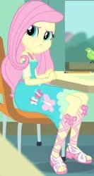 Size: 1920x3608 | Tagged: safe, derpibooru import, screencap, fluttershy, bird, a little birdie told me, equestria girls, equestria girls series, chair, clothes, cropped, cutie mark, cutie mark on clothes, female, geode of fauna, image, jewelry, jpeg, magical geodes, necklace, sandals, solo, table