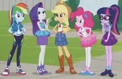 Size: 2970x1920 | Tagged: safe, derpibooru import, screencap, applejack, pinkie pie, rainbow dash, rarity, sci-twi, twilight sparkle, equestria girls, equestria girls series, so much more to me, :o, applejack's hat, boots, bowtie, bracelet, clothes, cowboy boots, cowboy hat, cropped, cutie mark, cutie mark on clothes, denim skirt, female, geode of shielding, geode of sugar bombs, geode of super speed, geode of super strength, geode of telekinesis, glasses, hands on hip, hat, high heels, hoodie, image, jewelry, jpeg, magical geodes, necklace, open mouth, ponytail, rarity peplum dress, shoes, skirt, sneakers, tanktop