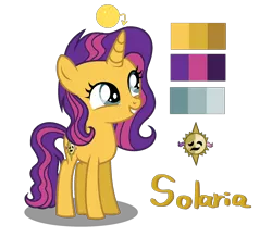 Size: 1924x1680 | Tagged: safe, artist:sarasdream04, derpibooru import, oc, oc:solaria, pony, unicorn, female, filly, image, magical lesbian spawn, offspring, parent:sunset shimmer, parent:twilight sparkle, parents:sunsetsparkle, png, reference sheet, simple background, solo, transparent background