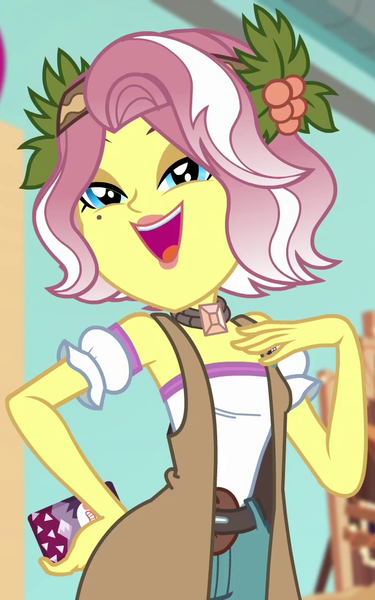 Size: 675x1080 | Tagged: safe, derpibooru import, screencap, vignette valencia, equestria girls, equestria girls series, rollercoaster of friendship, cropped, female, flower, flower in hair, holly, image, mobile phone, phone, png, smiling, solo focus