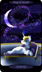 Size: 1500x2591 | Tagged: safe, artist:sixes&sevens, derpibooru import, part of a set, prince blueblood, butterfly, insect, unicorn, crescent moon, crossed hooves, fainting couch, image, male, minor arcana, moon, night, outdoors, png, reclining, solo, sword, tarot card, weapon