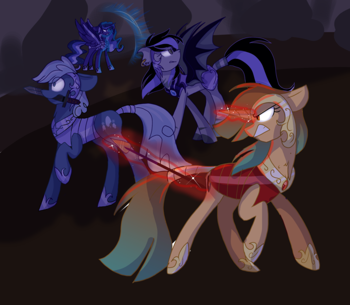 Size: 2400x2095 | Tagged: safe, artist:gallantserver, derpibooru import, oc, oc:astrea, oc:starry knight, oc:winter flake, unofficial characters only, alicorn, bat pony, earth pony, pony, unicorn, female, image, magic, magical gay spawn, mare, mouth hold, offspring, parent:double diamond, parent:party favor, parent:royal guard, parent:zecora, parents:guardcora, parents:partydiamond, png, sword, weapon