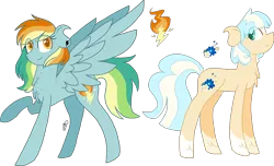 Size: 2718x1652 | Tagged: safe, artist:gallantserver, derpibooru import, oc, oc:fervor flame, oc:lilibet bluebell, unofficial characters only, earth pony, pegasus, pony, female, image, magical lesbian spawn, mare, offspring, parent:applejack, parent:coco pommel, parent:rainbow dash, parent:spitfire, parents:spitdash, png, simple background, transparent background